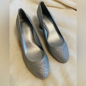 Silver Glitter Nine West Block Pumps